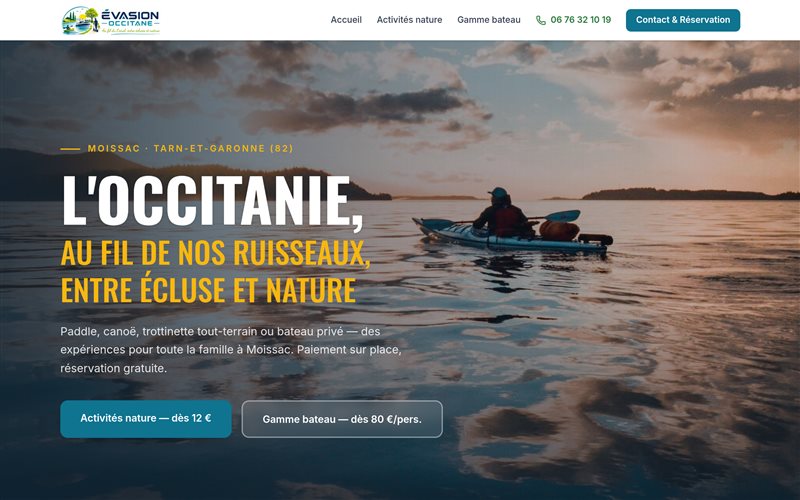 Aperçu du site Évasion Occitane, activités de loisirs nature à Moissac, réalisé par TL Agency