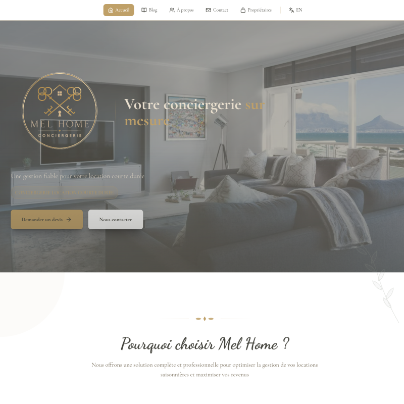 Aperçu du site de la conciergerie MEL HOME, projet réalisé par TL Agency